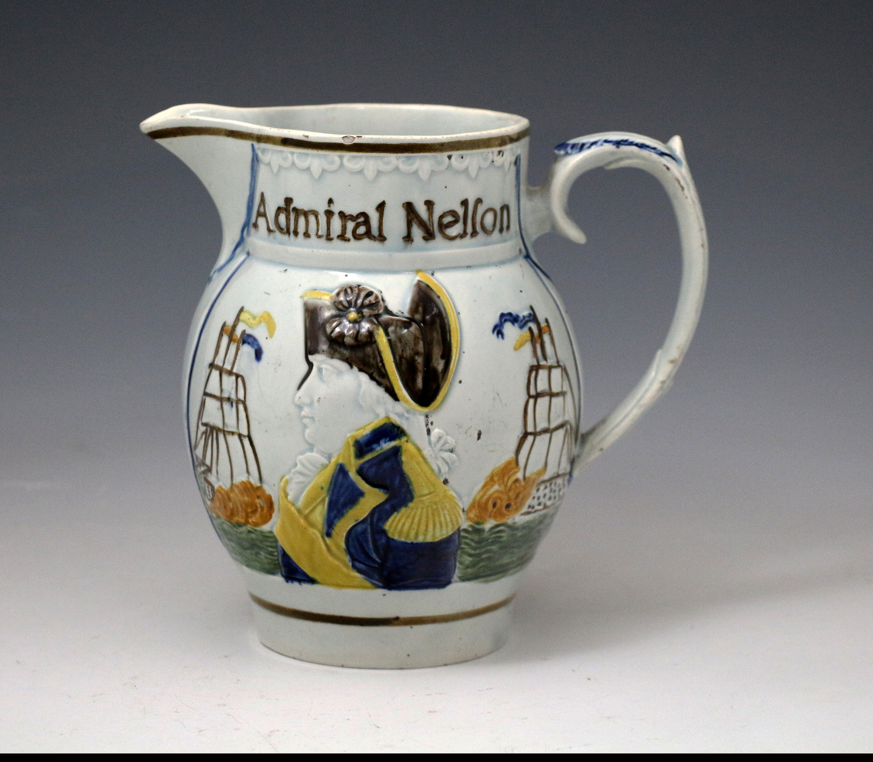 Commemorative of Admiral Nelson and Captain Berry prattware pitcher circa 1805, English