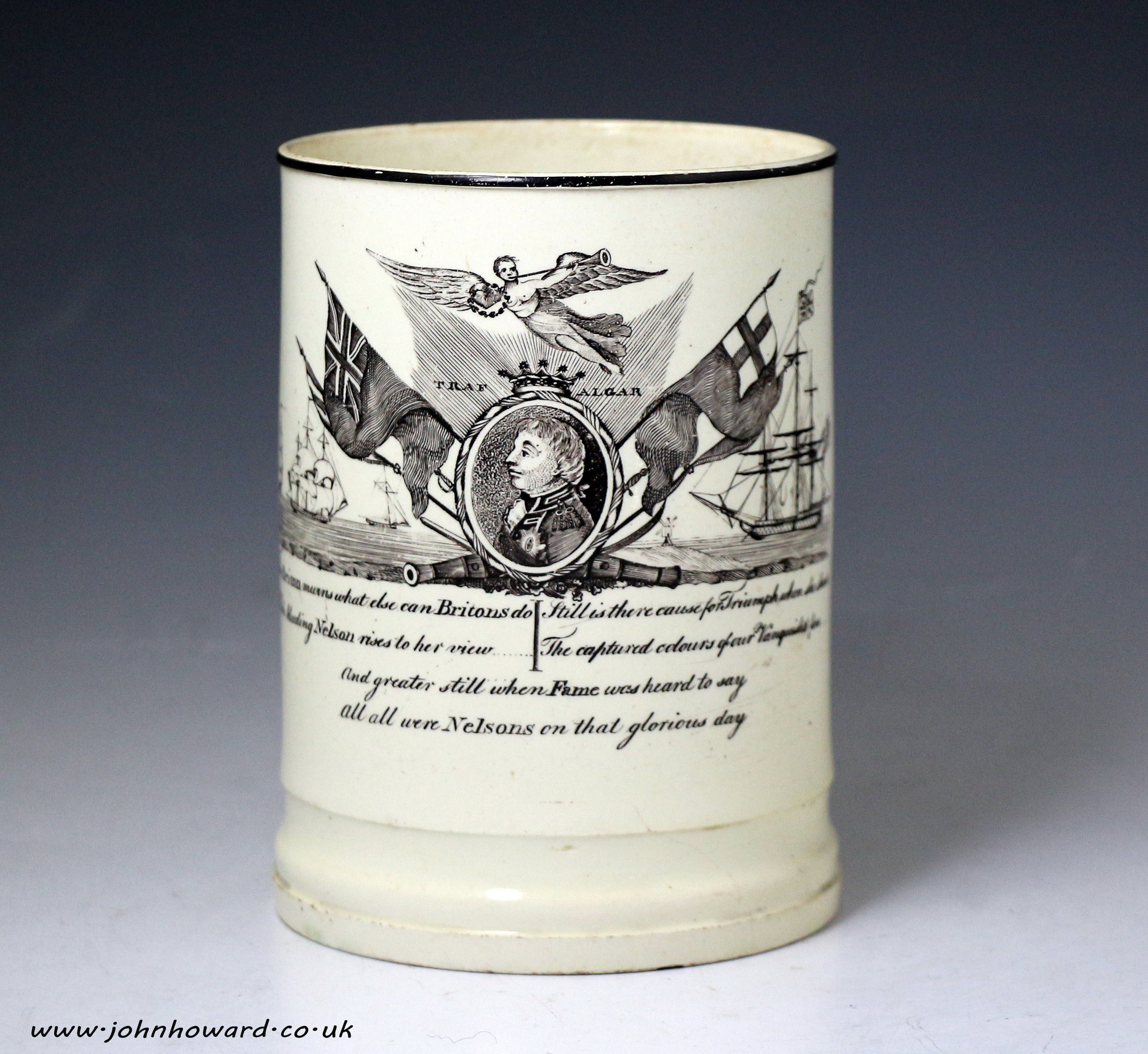 English creamware pottery tankard commemorative of Nelson and Trafalger 1805