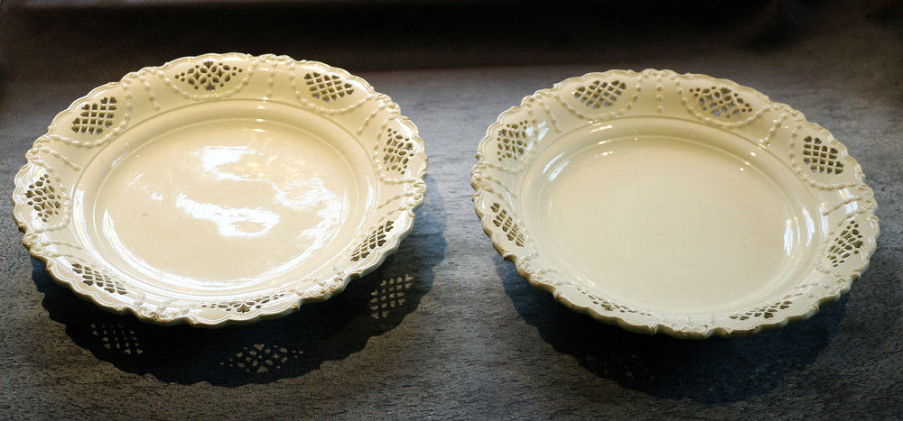 Pair of English creamware dishes with reticulated borders Yorkshire or Staffordshire pottery 18th century