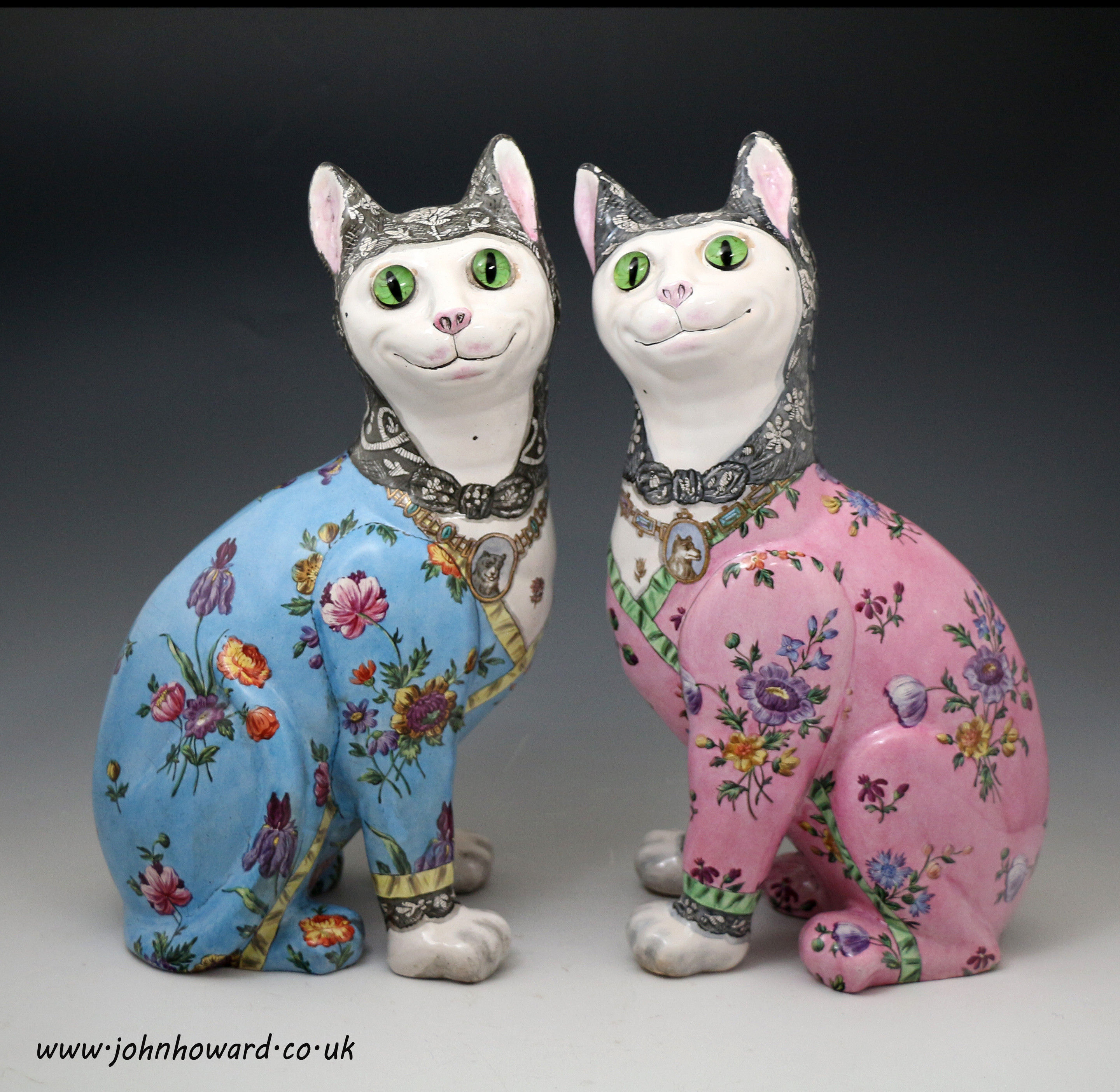 Pair of antique  Emile Galle pottery comical cats circa 1900