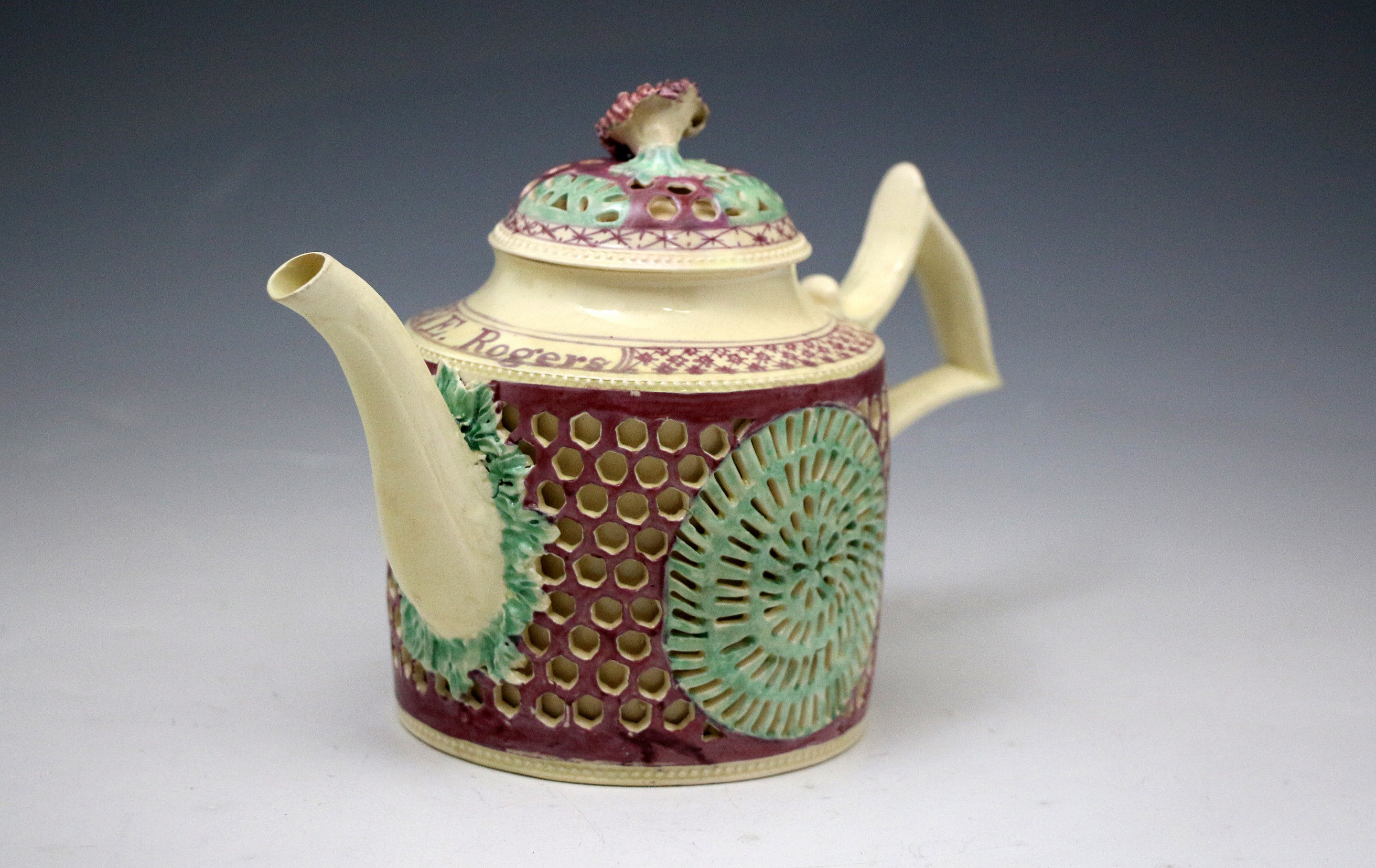 18th century creamware double walled reticulated teapot named 